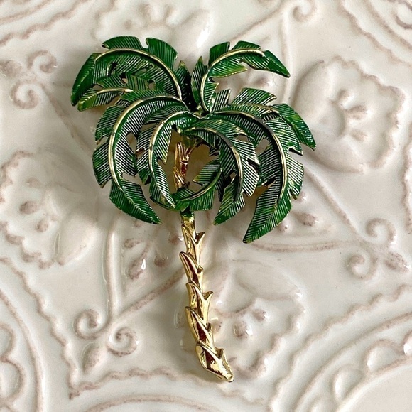 Palm Tree Green Gold Textured Brooch Ocean Caribbean Beach Vaca Cruise Holiday - Picture 5 of 16